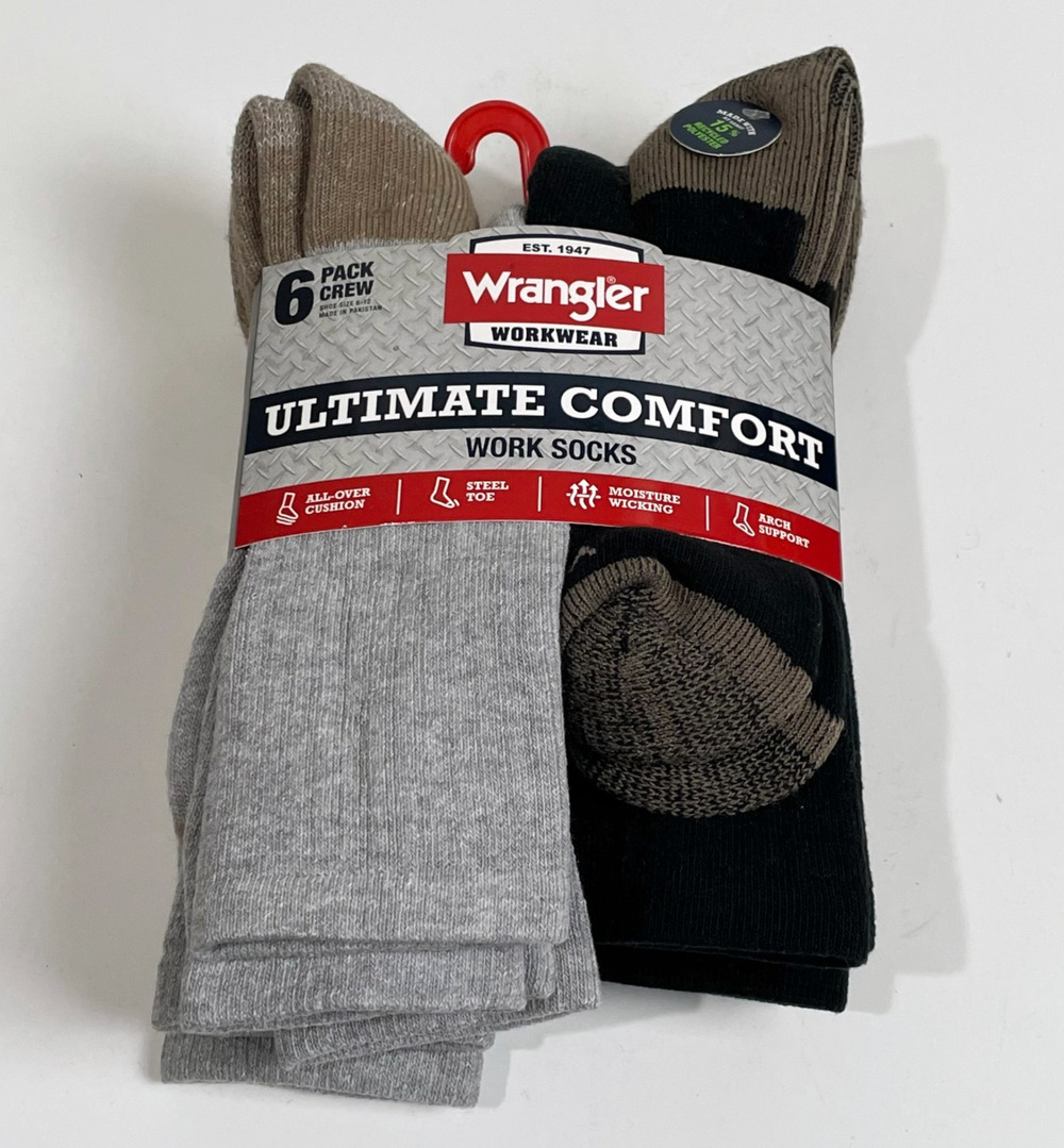 Wrangler Workwear Men's Ultimate Comfort Work Socks 6 pack Crew Shoe Size 6-12